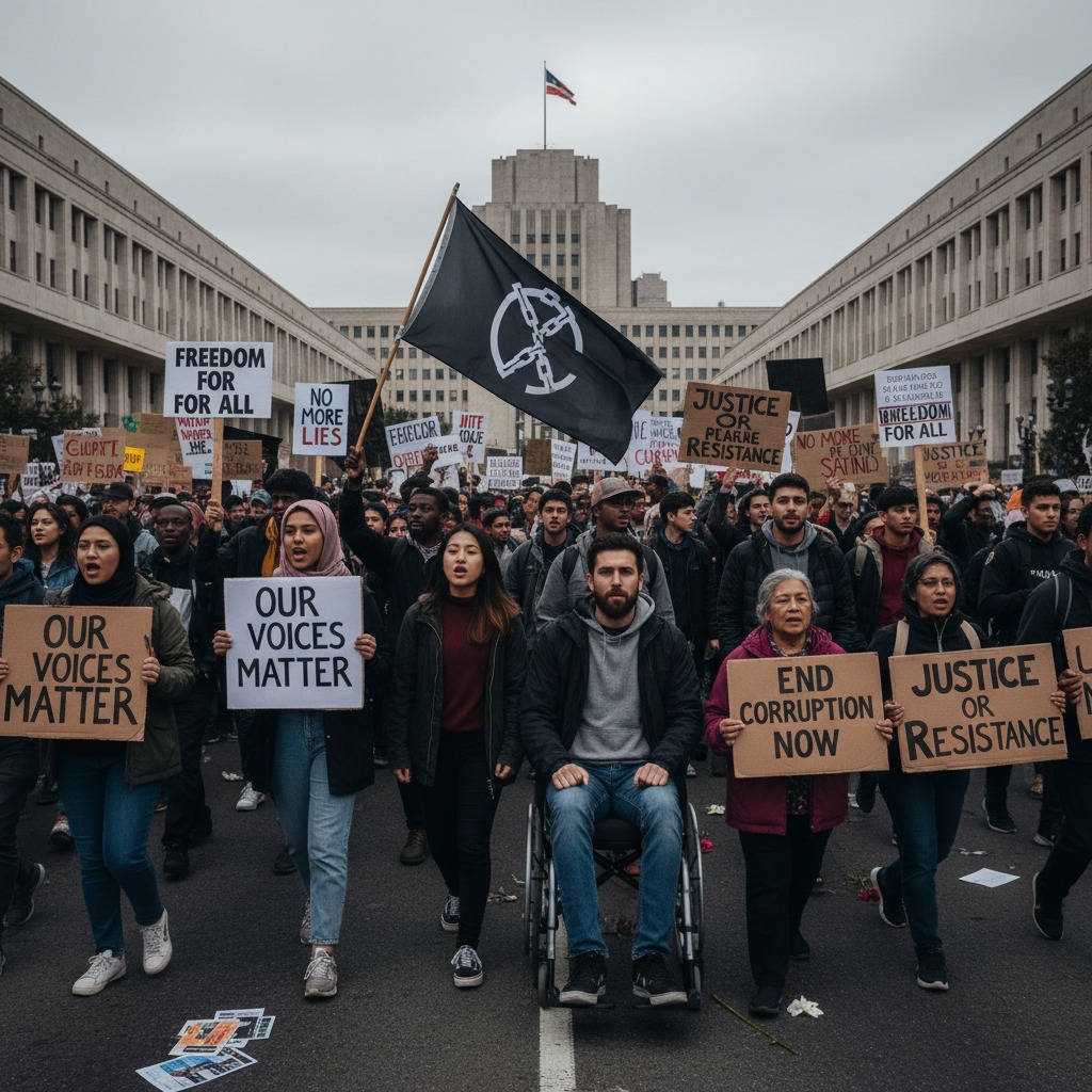 A large diverse crowd marches down a city street, carrying protest signs with slogans like "Our Voices Matter" and "Justice or Resistance."